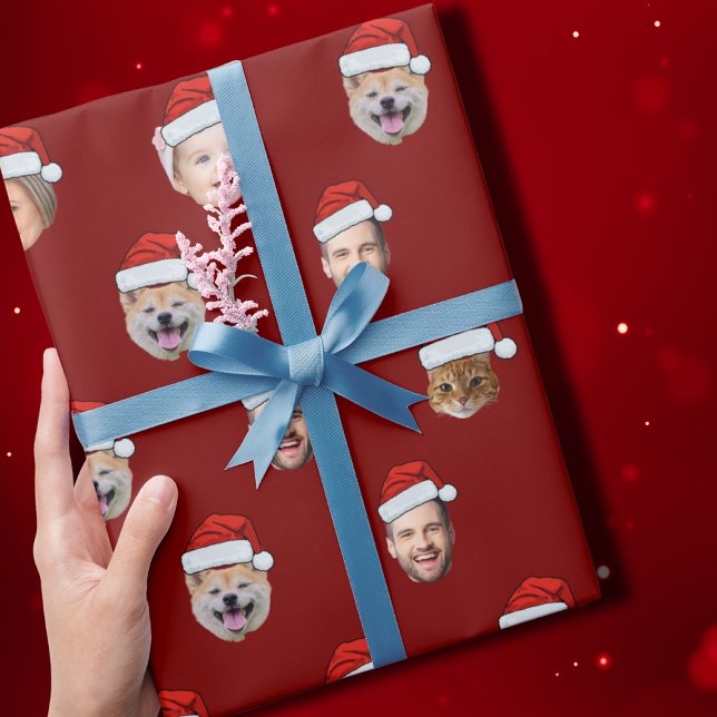 Santa Hat Custom Family Face 5 Photos Christmas Wrapping Paper (Creator Uploaded)