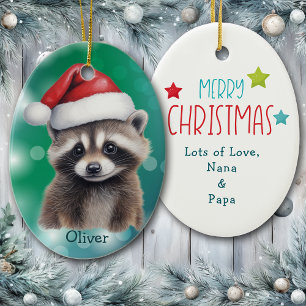 Santa Hat Cute Raccoon Kids Ceramic Ornament