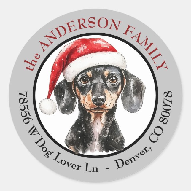 Santa Hat Dachshund Dog Return Address Classic Round Sticker (Front)