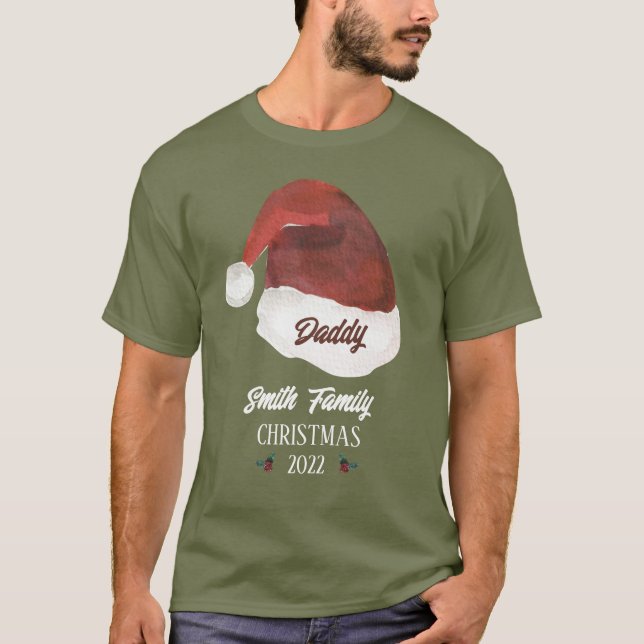 Santa Hat Daddy Family Monogram Christmas T-Shirt (Front)