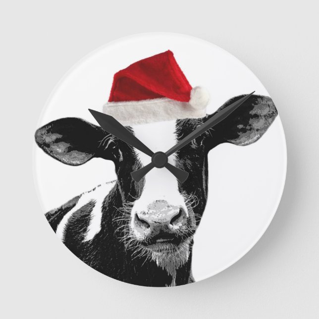 Santa Hat Dairy Cow Round Clock (Front)