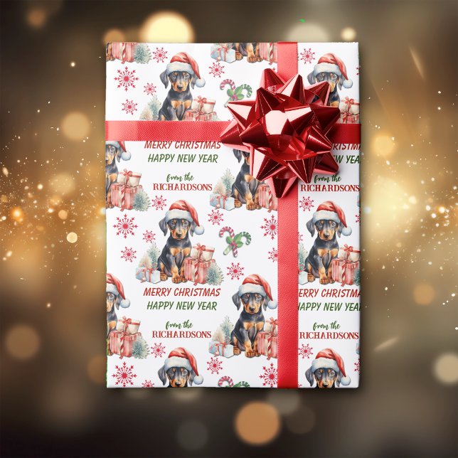 Santa Hat Doberman Pinscher Puppy Christmas Wrapping Paper (Creator Uploaded)