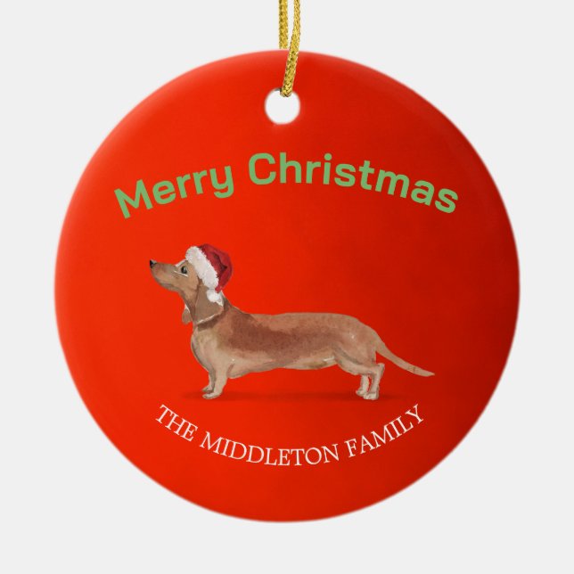 Santa Hat Dog Tan Dachshund Red Merry Christmas Ceramic Tree Decoration (Front)