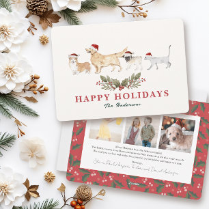 Santa Hat Dogs & Cat 3 Photos Christmas Holiday Card
