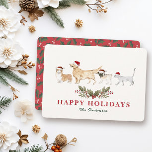 Santa Hat Dogs & Cat Christmas Holiday Card