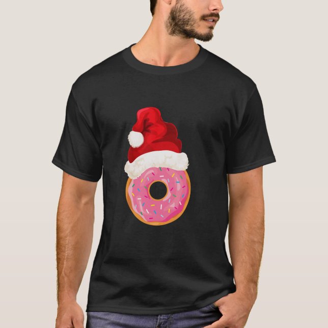 Santa Hat Donut Christmas Holiday Sprinkle Dessert T-Shirt (Front)