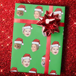 Santa Hat Face Custom Family 5 Photos Christmas Wrapping Paper