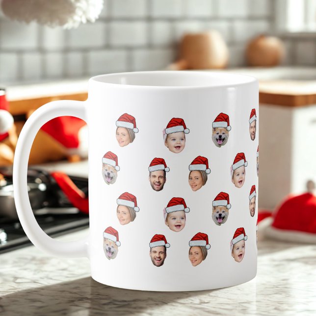 Santa Hat Face Custom Family Face 4 Photos Face Coffee Mug (Creator Uploaded)