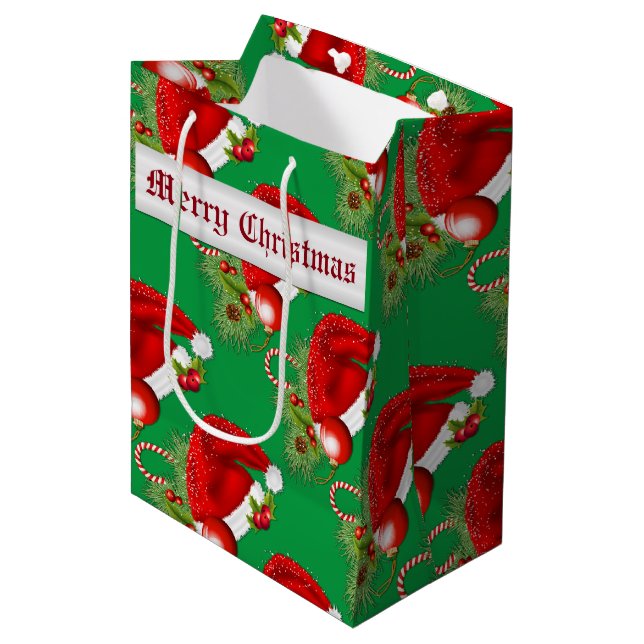 Santa Hat Festive Christmas Green Medium Gift Bag (Front Angled)