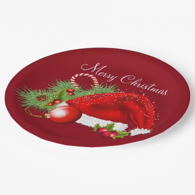 Santa Hat Festive Christmas Red Paper Plates (Angled)