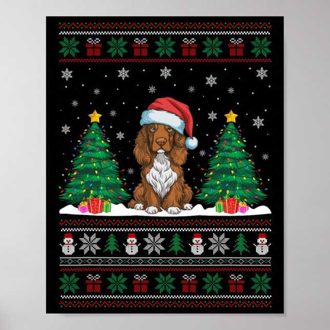 Santa Hat Field Spaniel Dog Xmas Tree Lights Ugly  Poster (Front)