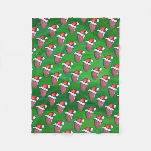 Santa Hat Football on Green Fleece Blanket (Front)