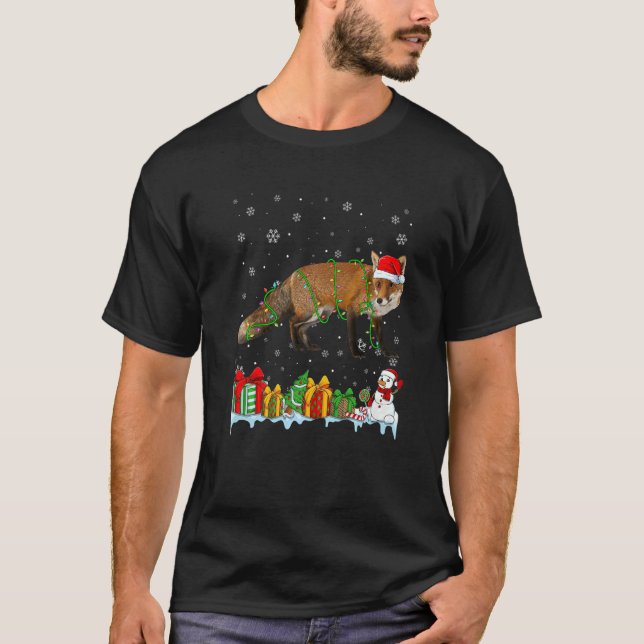 Santa Hat Fox Christmas Lights Animals T-Shirt (Front)