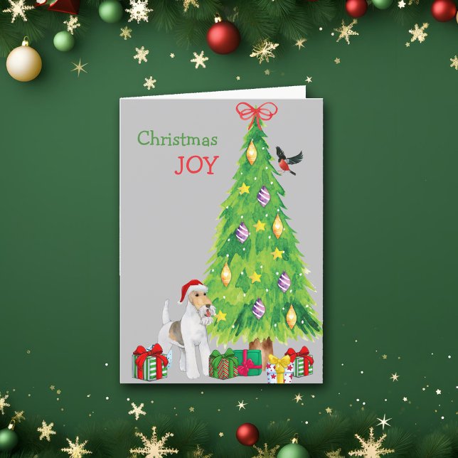 Santa Hat Fox Terrier Dog and Christmas Tree Holiday Card (Creator Uploaded)