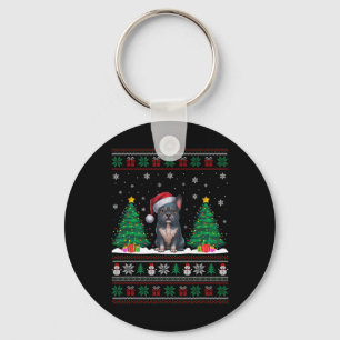 Santa Hat Frenchie Dog Christmas Tree Lights Ugly  Key Ring