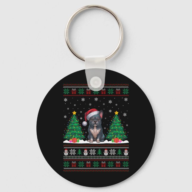Santa Hat Frenchie Dog Christmas Tree Lights Ugly  Key Ring (Front)