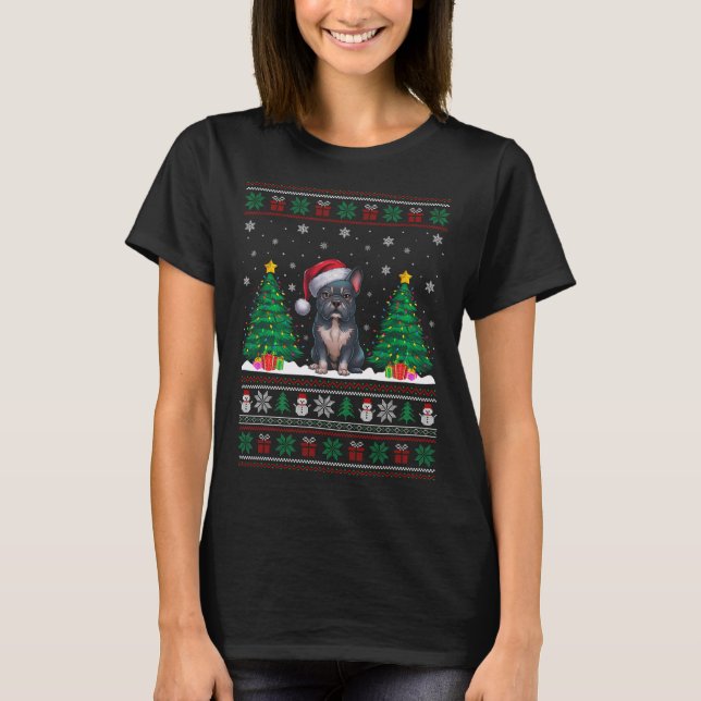 Santa Hat Frenchie Dog Christmas Tree Lights Ugly  T-Shirt (Front)