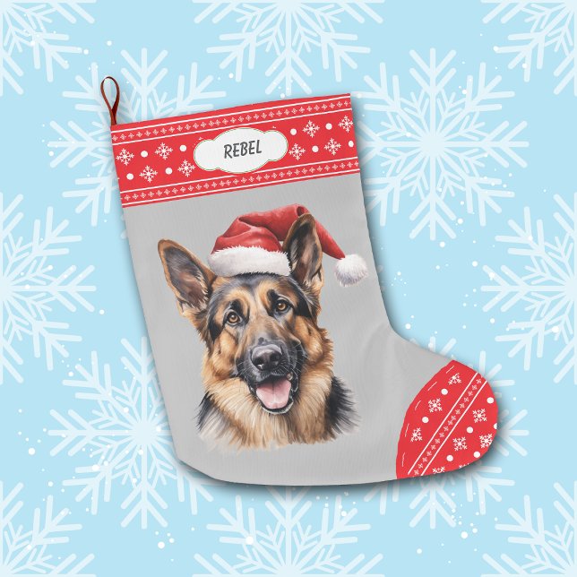 Santa Hat German Shepherd Dog Snowflake Border Large Christmas Stocking (Creator Uploaded)