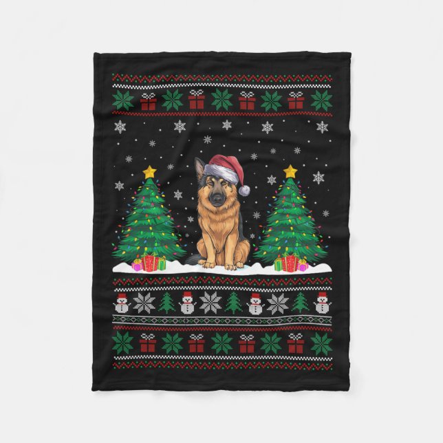 Santa Hat German Shepherd Dog Xmas Tree Lights Ugl Fleece Blanket (Front)