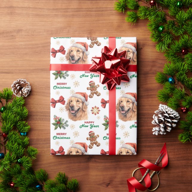 Santa Hat Golden Retriever Dog Christmas Wrapping Paper (Holiday Gift)