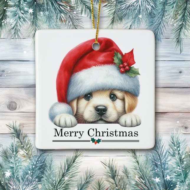 Santa Hat Golden Retriever Puppy Merry Christmas Ceramic Ornament (Creator Uploaded)