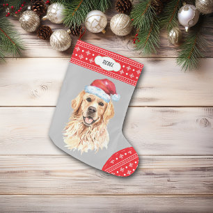 Santa Hat Golden Retriever Snowflake Border Large Christmas Stocking