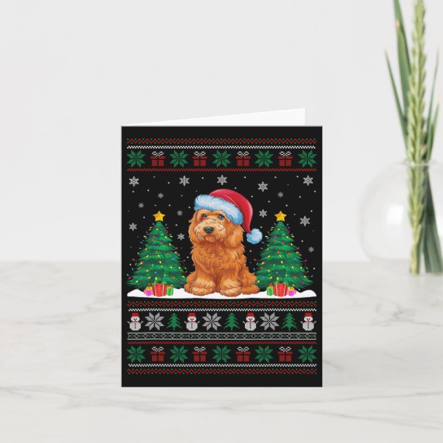 Santa Hat Goldendoodle Dog Xmas Tree Lights Ugly S Card (Front)