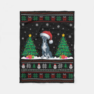 Santa Hat Greyhound Dog Christmas Tree Lights Ugly Fleece Blanket