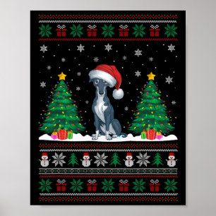 Santa Hat Greyhound Dog Christmas Tree Lights Ugly Poster
