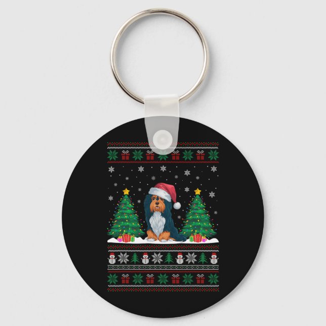 Santa Hat Havanese Dog Christmas Tree Lights Ugly  Key Ring (Front)