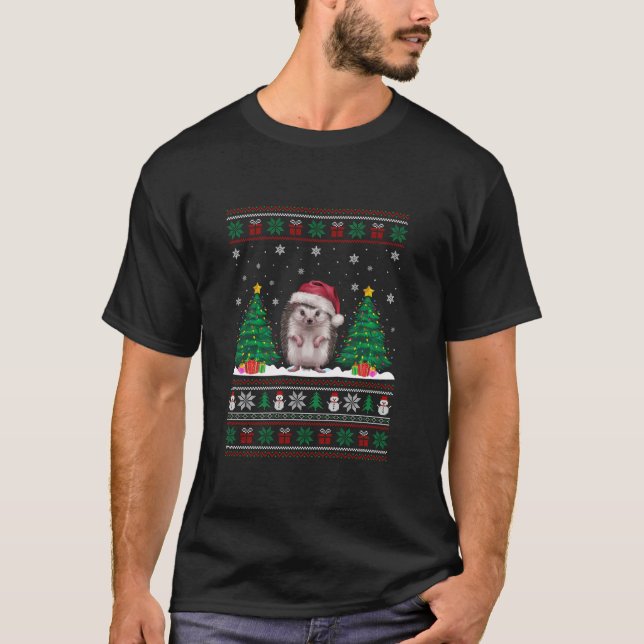 Santa Hat Hedgehog Christmas Tree Lights Ugly Swea T-Shirt (Front)