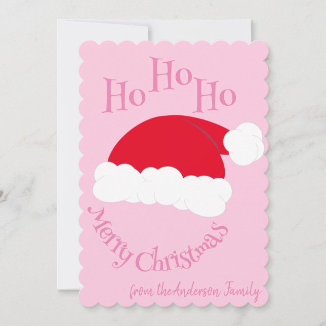 Santa Hat Ho Ho Ho Merry Christmas Girly Pink Holiday Card (Front)