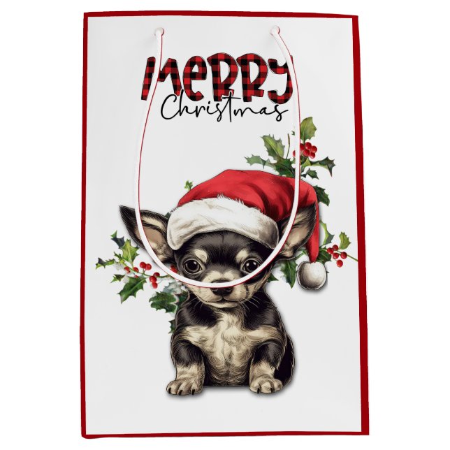 Santa Hat Holly Chihuahua Puppy Christmas Medium Gift Bag (Front)