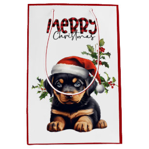Santa Hat Holly Rottweiler Puppy Christmas Medium Gift Bag