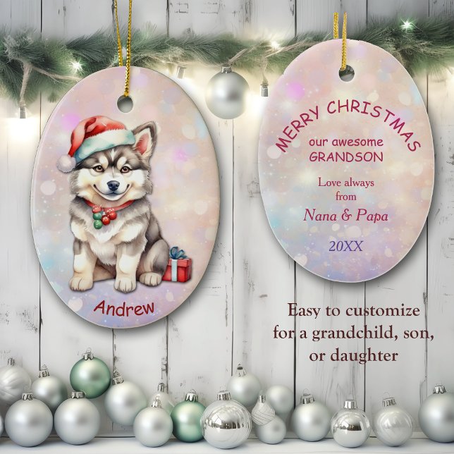 Santa Hat Husky Puppy Grandson Ceramic Tree Decoration (Creator Uploaded)