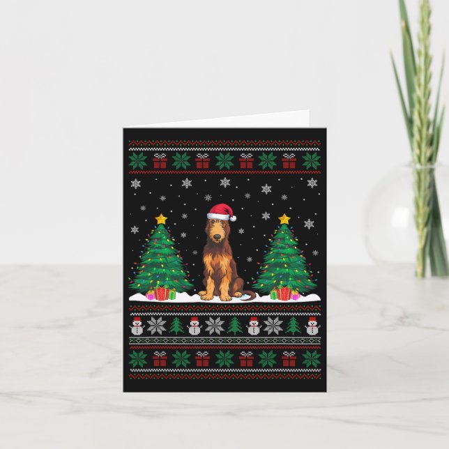 Santa Hat Irish Wolfhound Dog Xmas Tree Lights Ugl Card (Front)