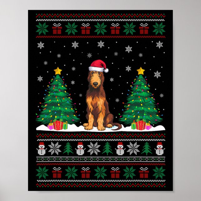 Santa Hat Irish Wolfhound Dog Xmas Tree Lights Ugl Poster (Front)