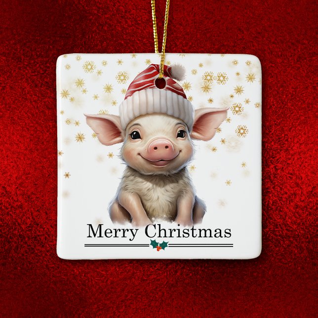 Santa Hat Little Pig Merry Christmas Ceramic Ornament (Creator Uploaded)