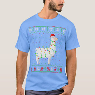 Santa Hat Llama Lover Xmas Lights Ugly Llama Chris T-Shirt