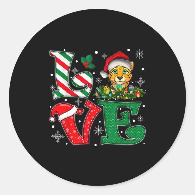 Santa Hat Love Cheetah Animal Xmas Men Women Girls Classic Round Sticker (Front)