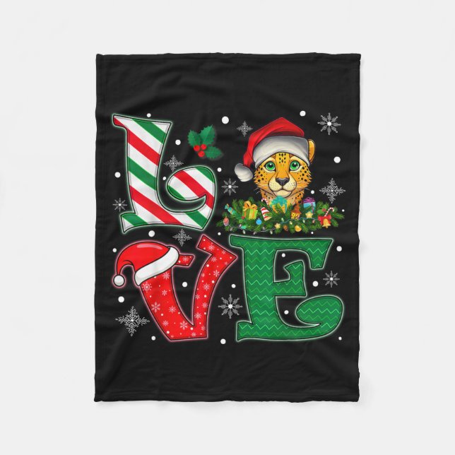 Santa Hat Love Cheetah Animal Xmas Men Women Girls Fleece Blanket (Front)