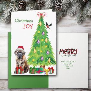 Santa Hat Mastiff, Bird and Christmas Tree Holiday Card