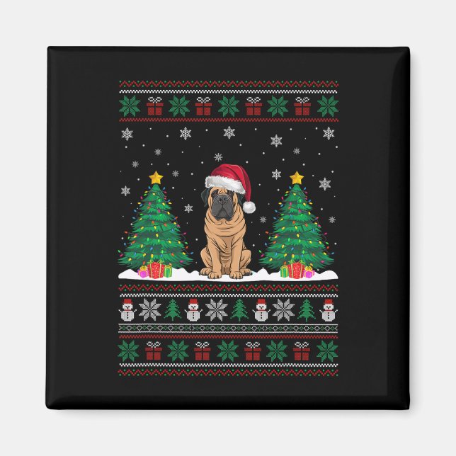 Santa Hat Mastiff Dog Christmas Tree Lights Ugly S Magnet (Front)