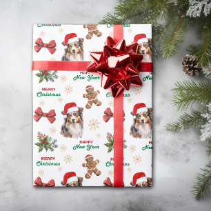 Santa Hat Miniature American Shepherd Christmas Wrapping Paper