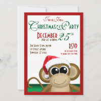 Santa Hat Monkey 5"x7" Christmas Party Invitations