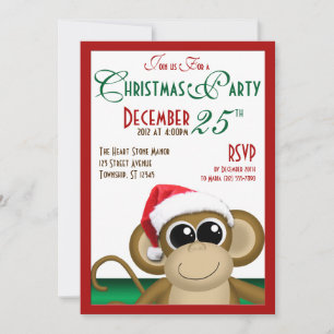Santa Hat Monkey 5"x7" Christmas Party Invitations