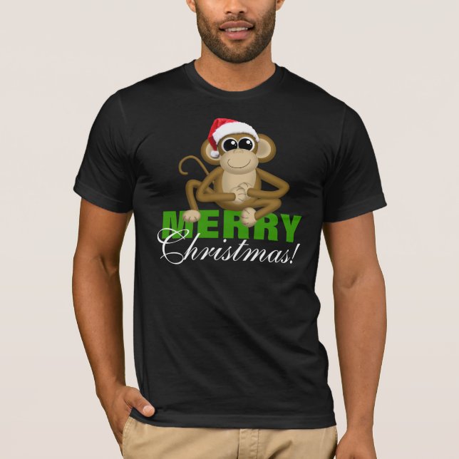 Santa Hat Monkey - "Merry Christmas" Black Shirt (Front)