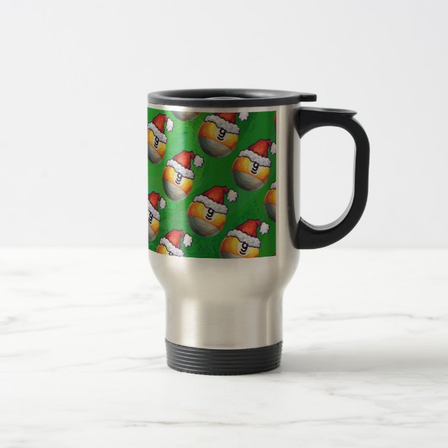 Santa Hat Nine Ball Pattern on Green Travel Mug (Right)