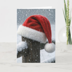 Santa Hat On a Snowy Fence Post Card