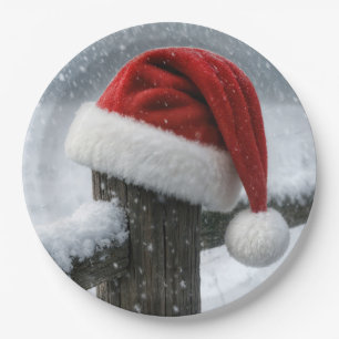 Santa Hat On a Snowy Fence Post Paper Plate